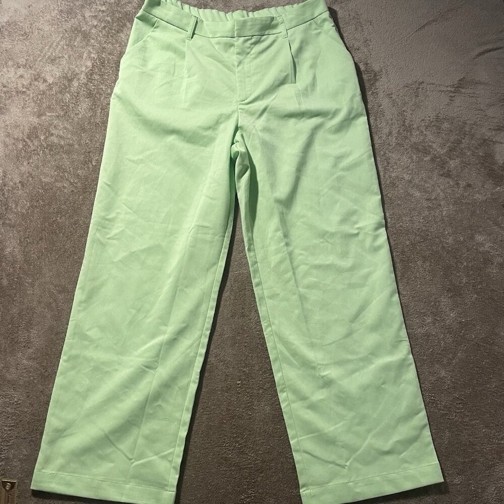 H&M Pants Womens Large Light Green Wide Leg High Rise Trousers Old Money Stretch